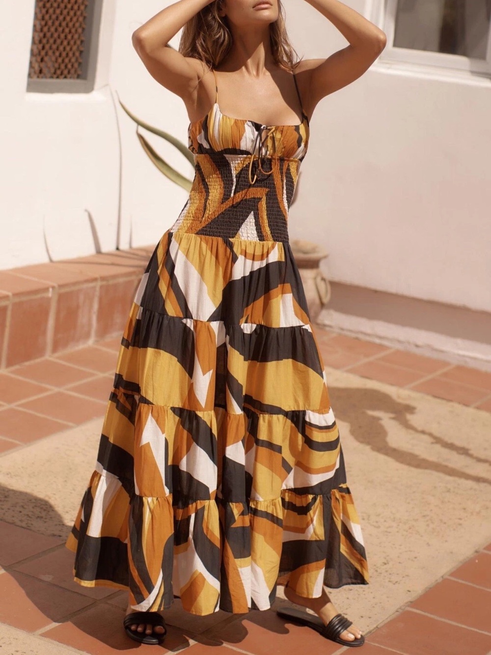 Anthropologie Abstract Print Smocked Tiered Maxi Dress Size XS NWOT